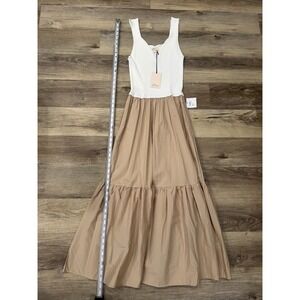 Elan Rib Knit Tank Maxi Dress Tiered Skirt Beige White Size L‎